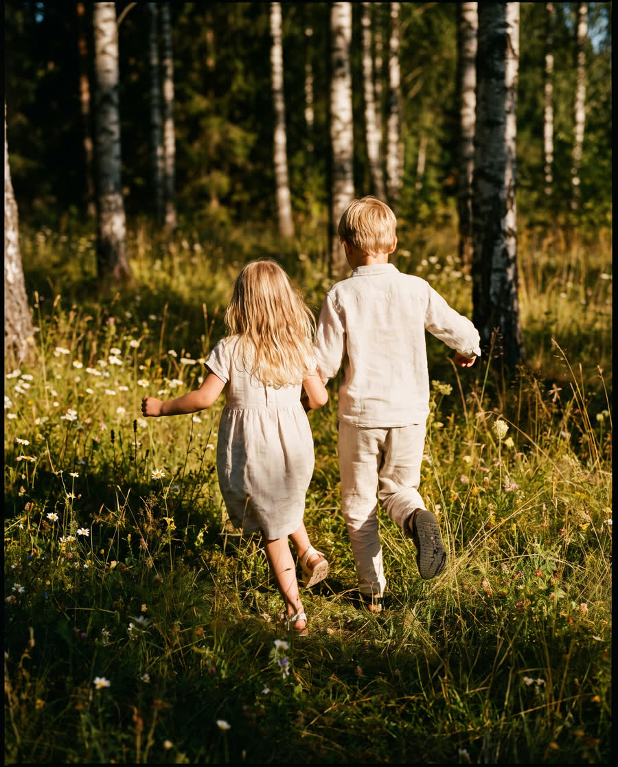 Kinder spielen in einer sonnigen Waldlichtung, Stimmungsbild (KI-generiert)