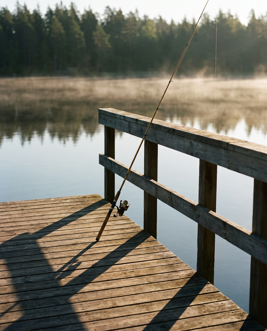 Angelsteg am See im Morgenlicht, Stimmungsbild (KI-generiert)
