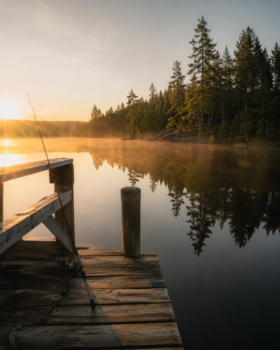 Angelsteg am Hällsjön im Morgenlicht, Stimmungsbild