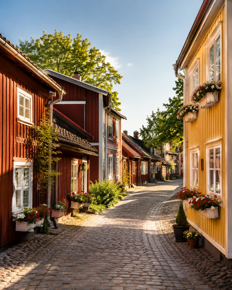 Historische Altstadtgasse in Småland mit roten Holzhäusern, Stimmungsbild
