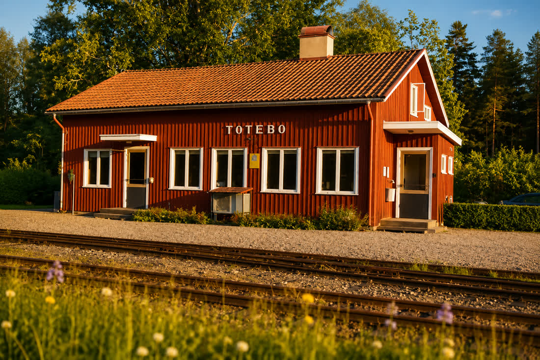 Das rote Holz-Bahnhofsgebäude von Totebo mit der Aufschrift TOTEBO im Abendlicht, Gleise im Vordergrund