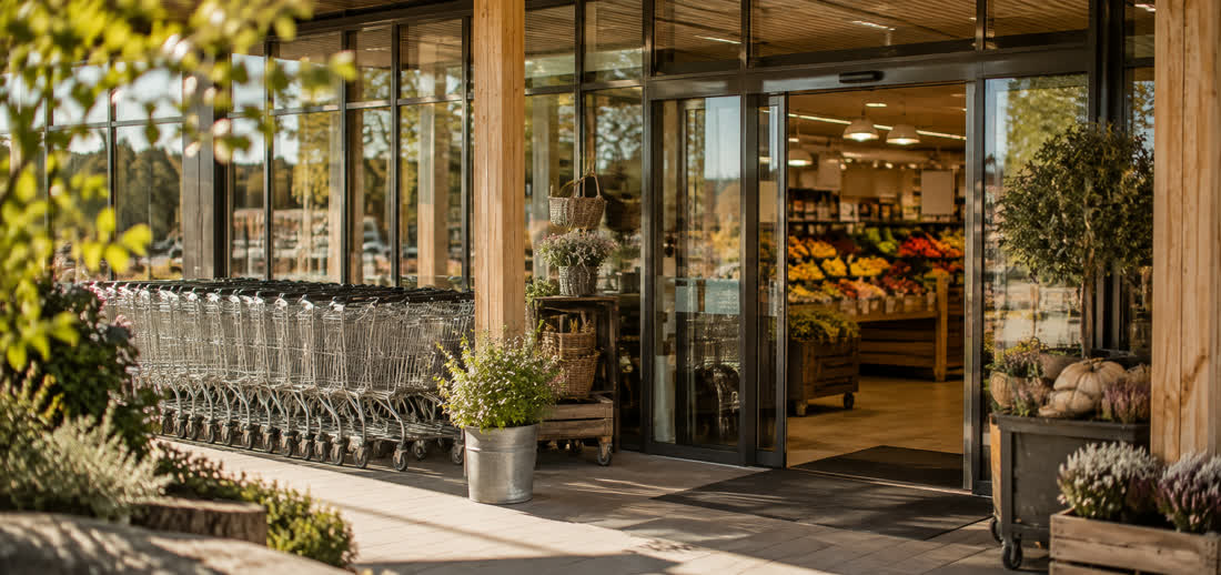 Schwedischer Supermarkt-Eingang mit Einkaufswagen, Stimmungsbild