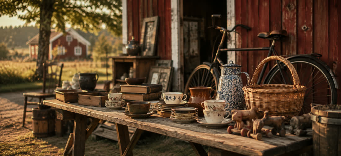 Rustikt svenskt loppisbord framför en röd lada med gammalt porslin och en cykel, stämningsbild