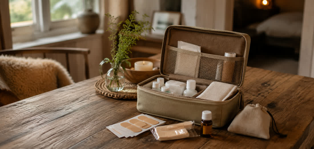 Gepackte Reiseapotheke auf einem gemütlichen Holztisch, Stimmungsbild