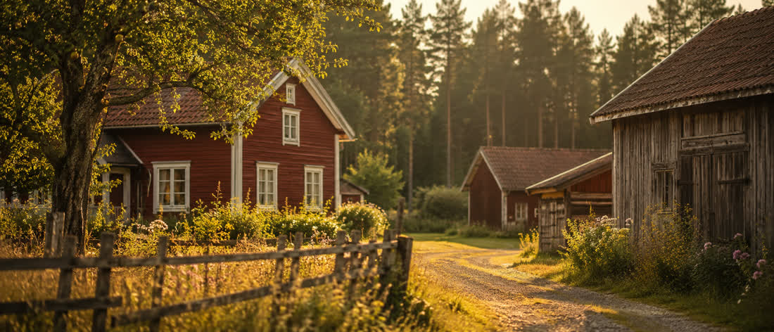Rotes Schwedenhaus mit Nebengebäuden im Abendlicht, Stimmungsbild zu Michel aus Lönneberga
