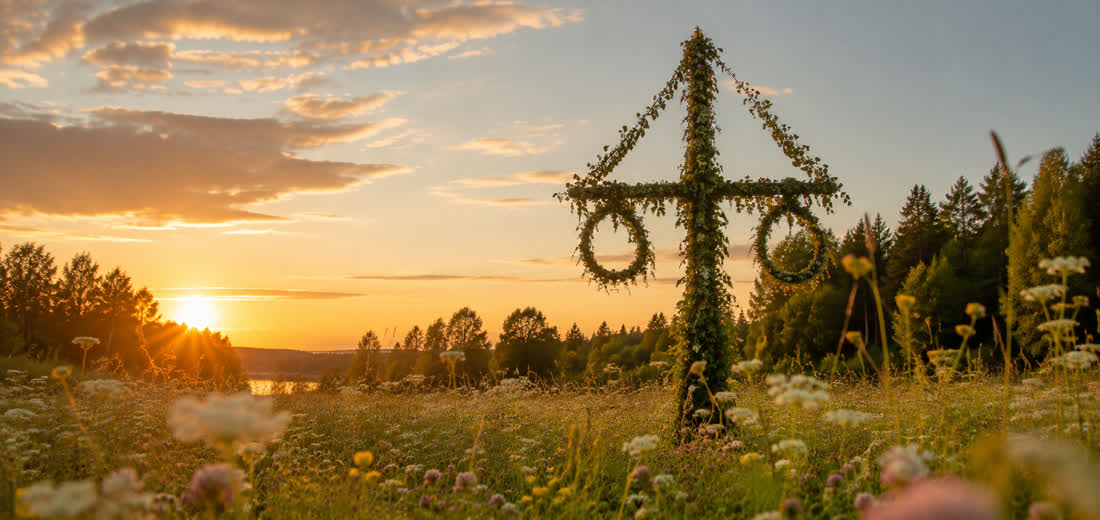 Decorated midsummer pole in a flower meadow at sunset, mood shot