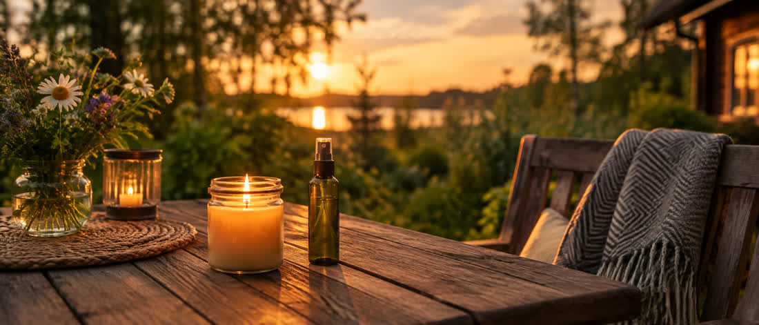 Cosy garden table at sunset with a candle and insect repellent, mood shot