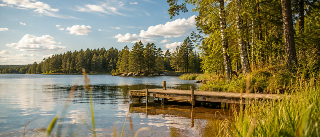 Sunny summer day at a lake in Småland, mood shot for the best time to visit