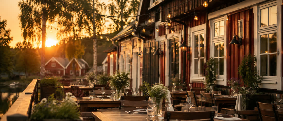 Gemütliche Restaurant-Terrasse in einem schwedischen Holzhaus bei Sonnenuntergang, Stimmungsbild