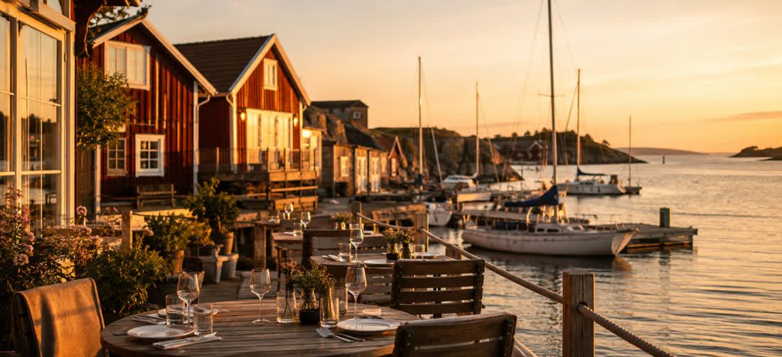 Restaurangterrass vid gästhamnen i Västervik i solnedgången, stämningsbild