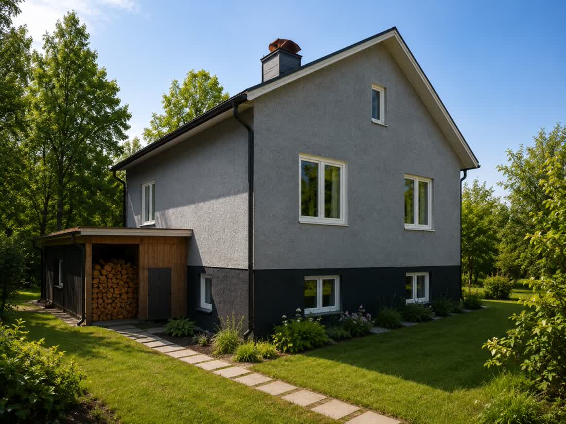 Rückansicht des Ferienhauses Ullevi mit Garten