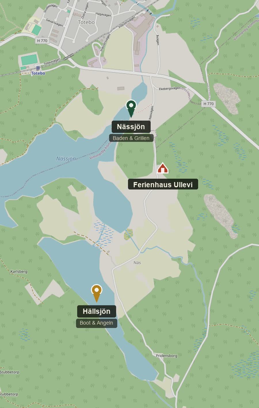 Karte mit exaktem Standort von Ferienhaus Ullevi zwischen Nässjön (Baden & Grillen) und Hällsjön (Boot & Angeln), Totebo, Småland